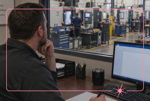 Machine shop owner looks out at the shop floor from his office