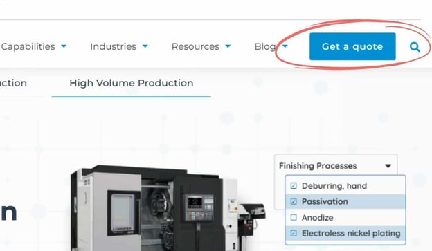 Manufacturers website with RFQ button called out
