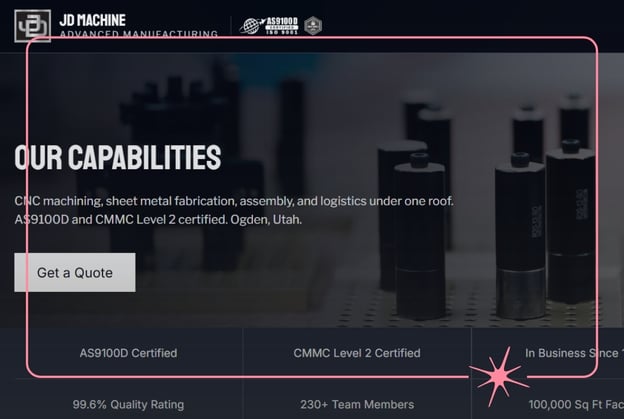 Screenshot of JD Machine's website homepage