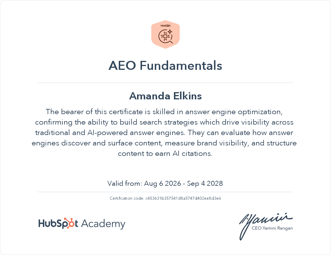 AEO Fundamentals certification facilitated by HubSpot