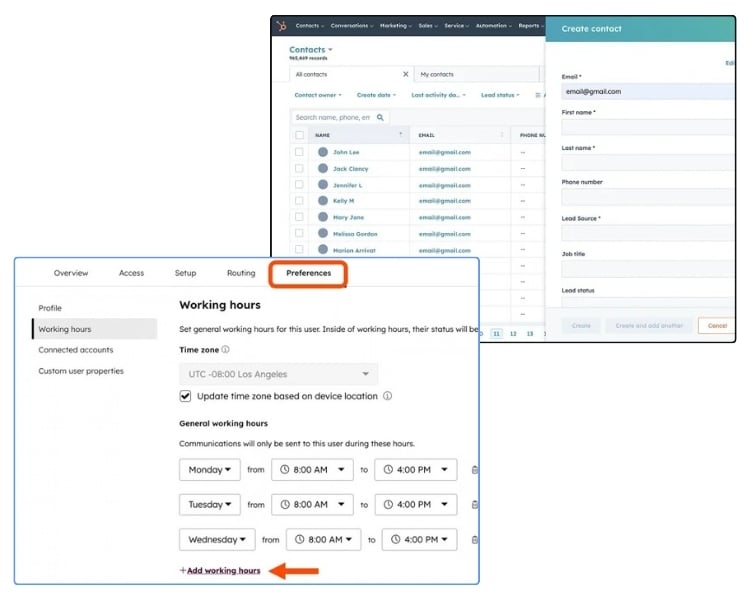Screenshots of a HubSpot account's Settings screen and Contact database