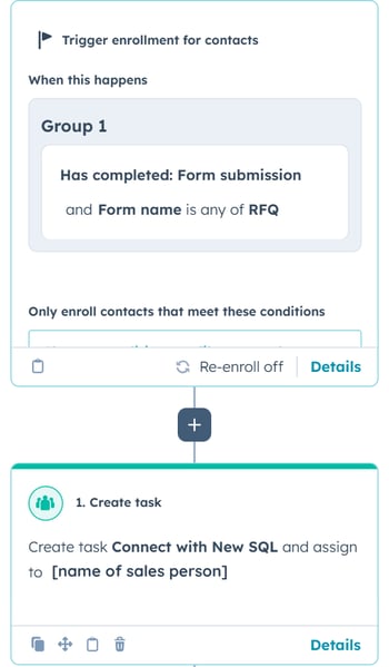 Basic "Request for Quote" workflow built with HubSpot automation tools