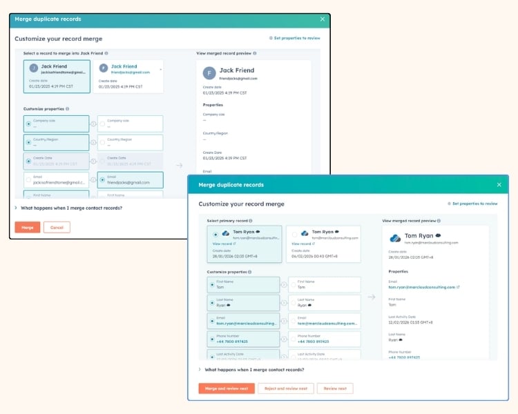 Screenshot of HubSpot duplicate management and merge tools