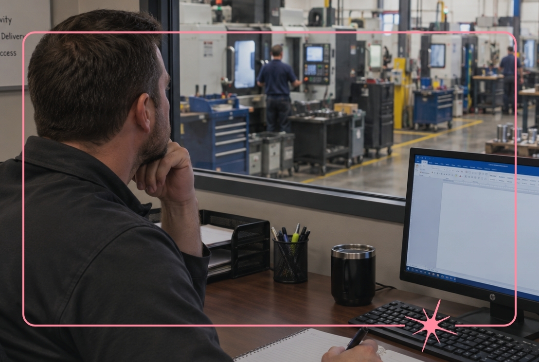 Machine shop owner looks out at the shop floor from his office