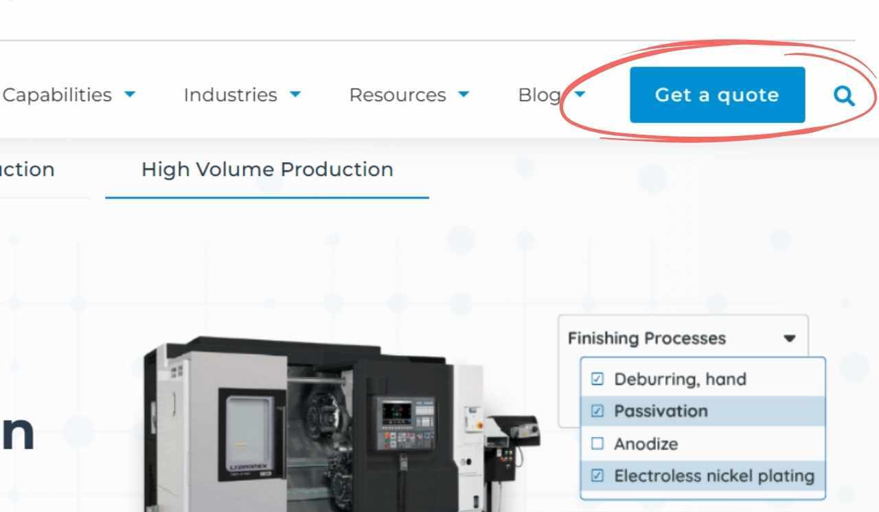 Manufacturers website with RFQ button called out