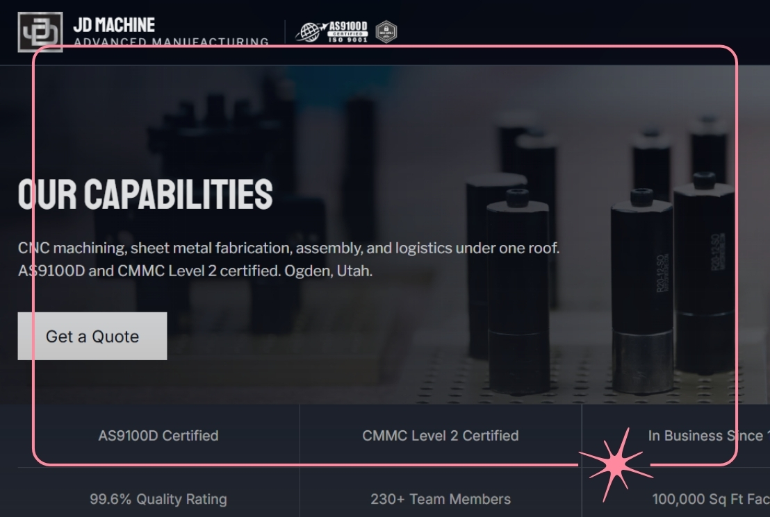 Screenshot of JD Machine's website homepage
