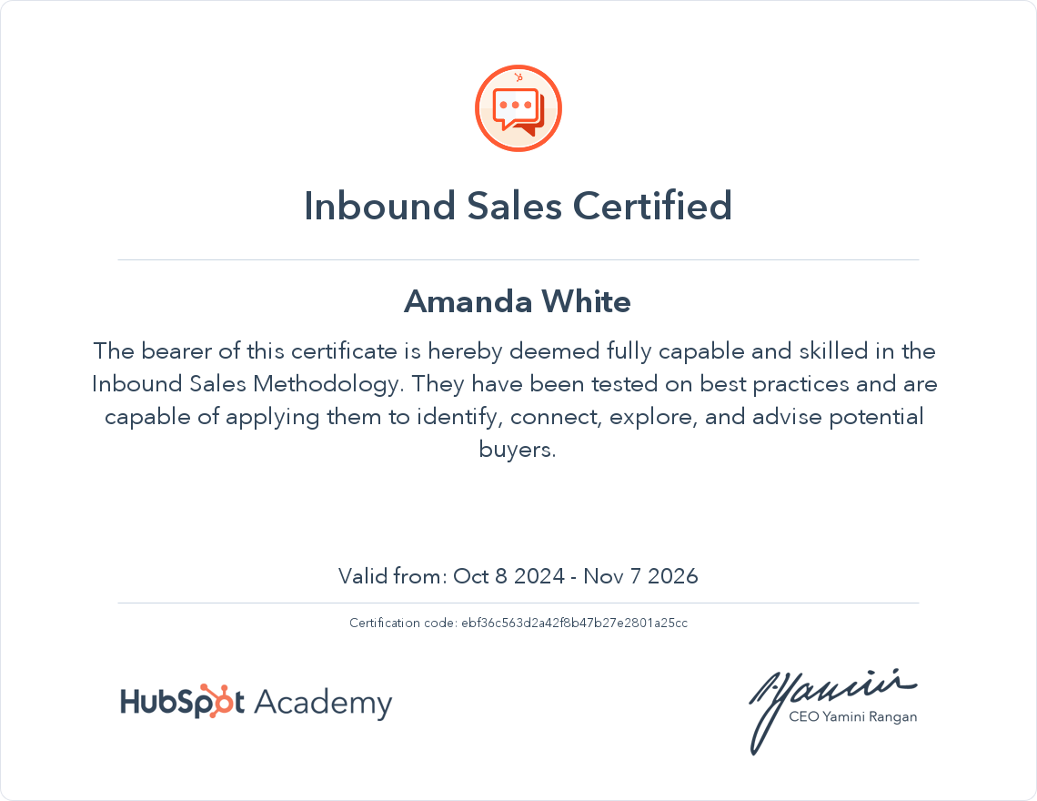 Inbound Sales Certification facilitated by HubSpot