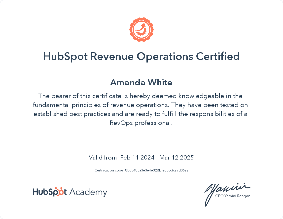 Revenue Operations Certification facilitated by HubSpot