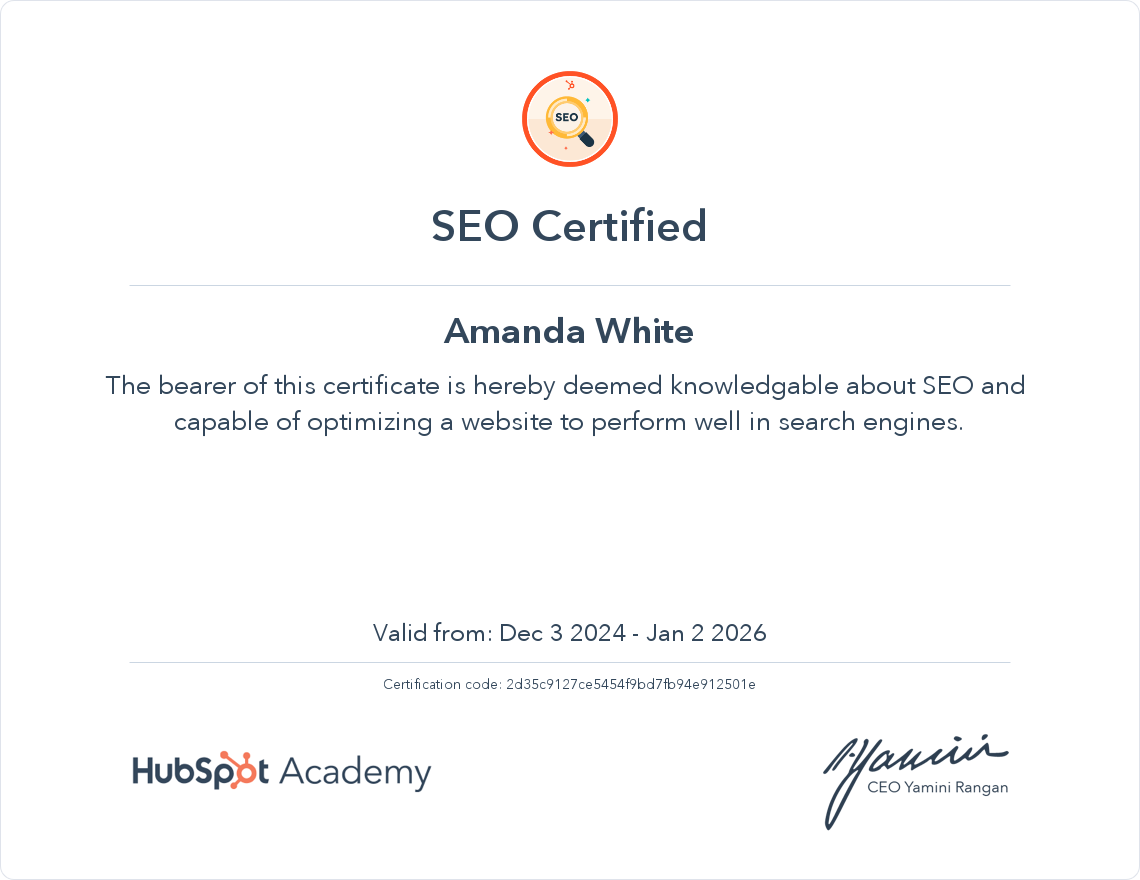 SEO certification facilitated by HubSpot